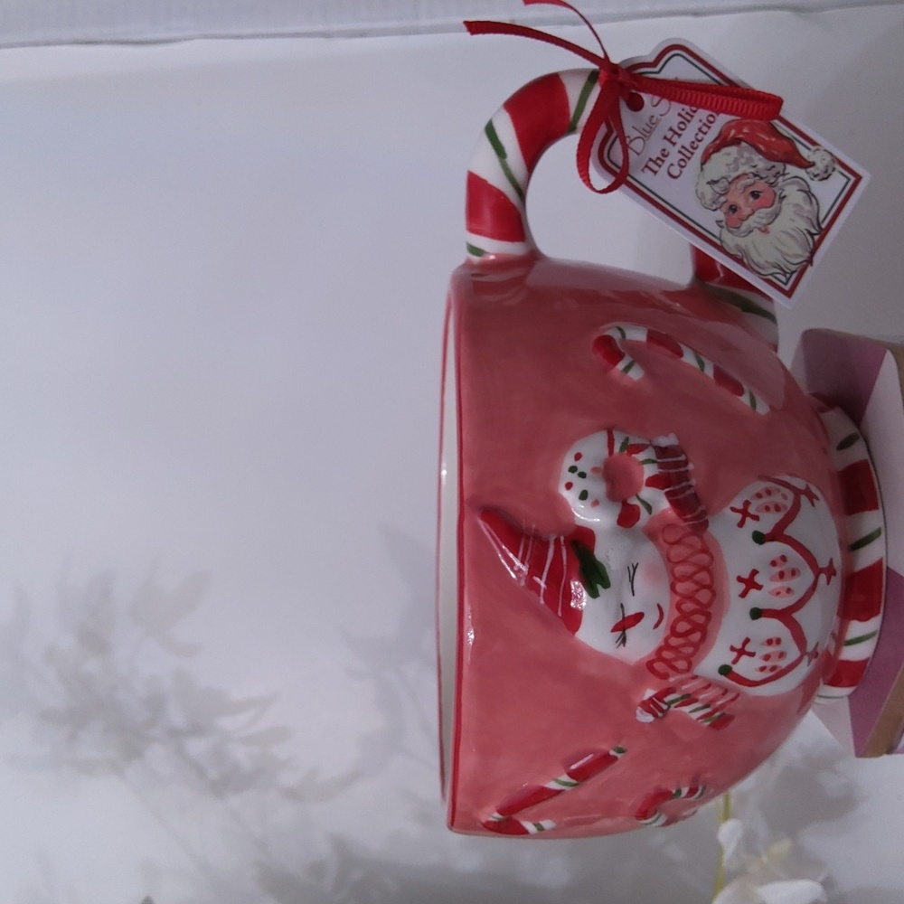 Blue Sky Festive Pink Snowman Mug with Candy Cane Handle, NWT